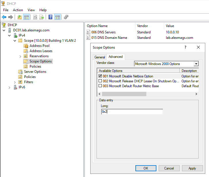 NetBIOS DHCP disabled